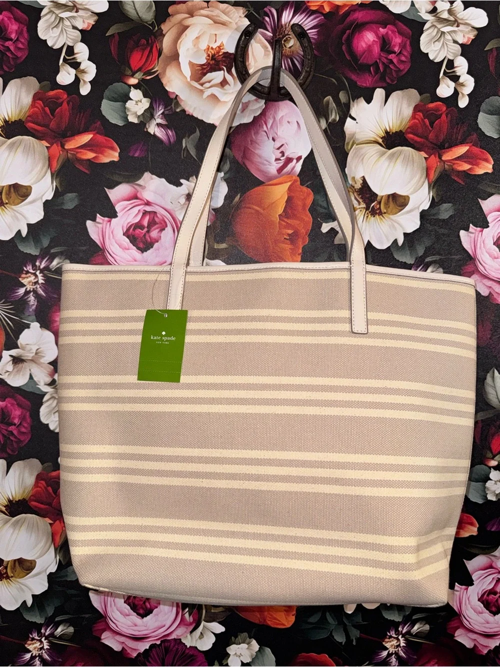 NWT kate spade Reversible Beige & Cream Striped Canvas/ Leather Tote w/ wristlet